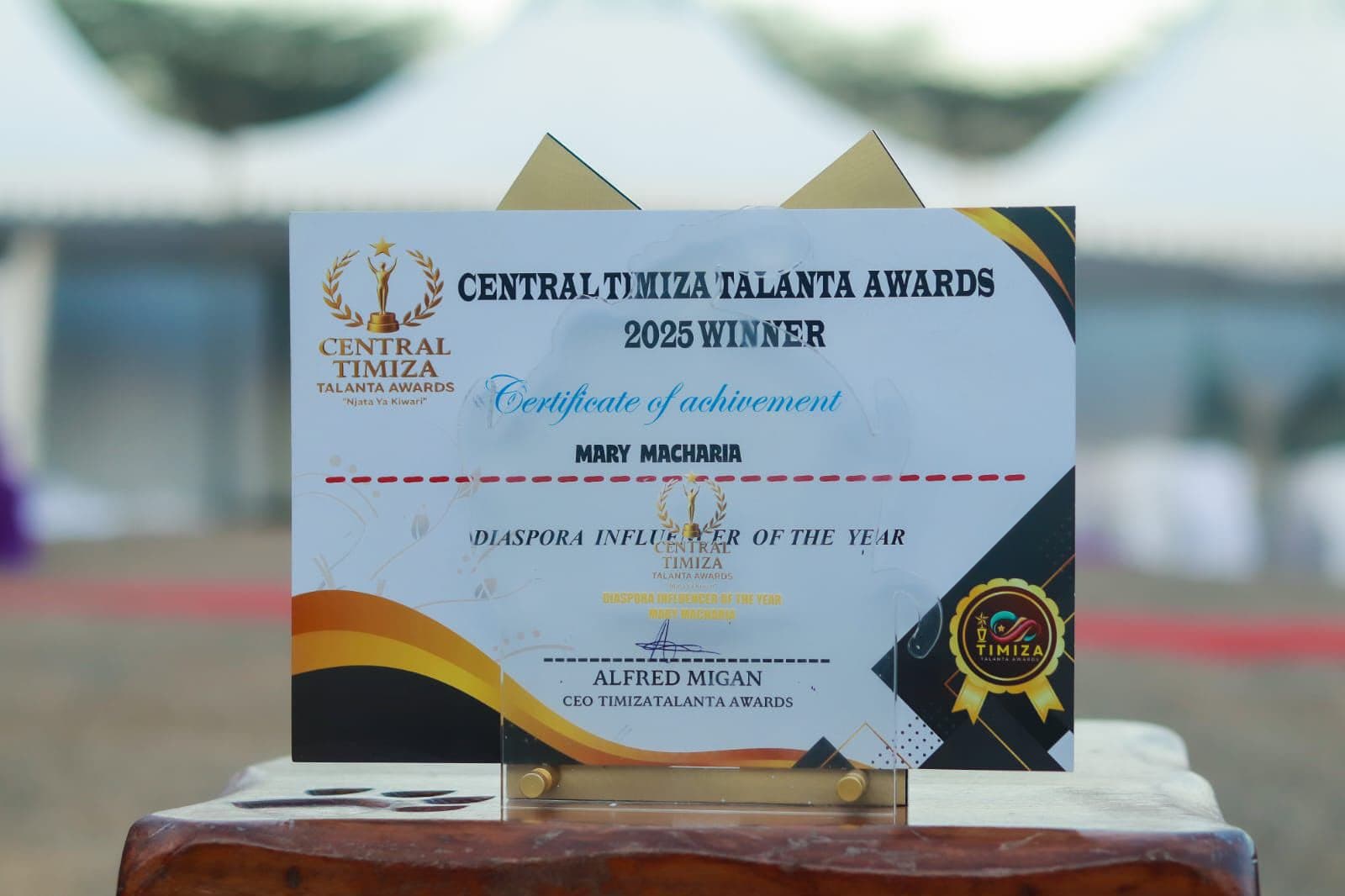 Central Timiza Talanta Awards 2025 winner certificate