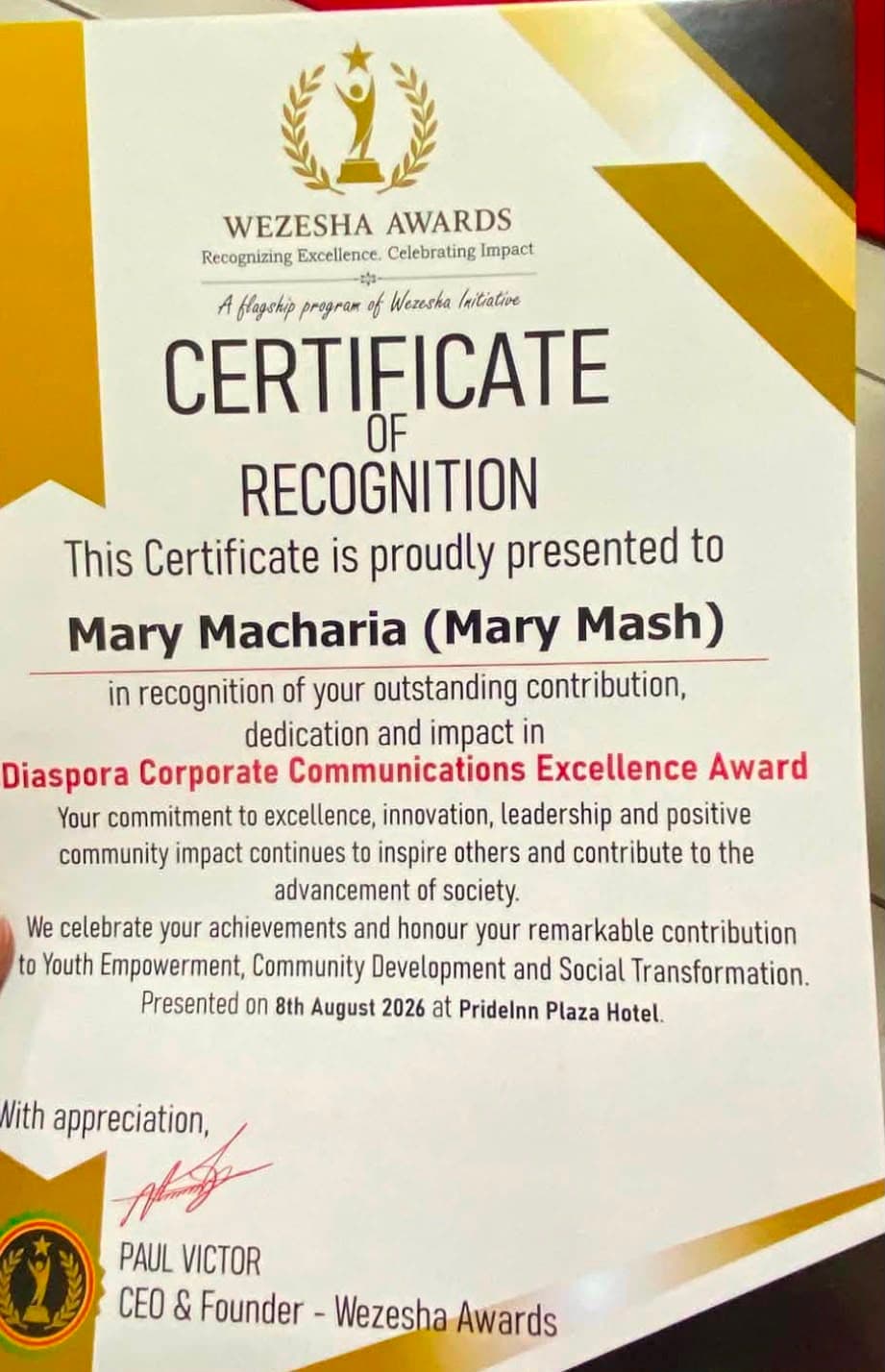 Wezesha Awards certificate of recognition for Mary Macharia