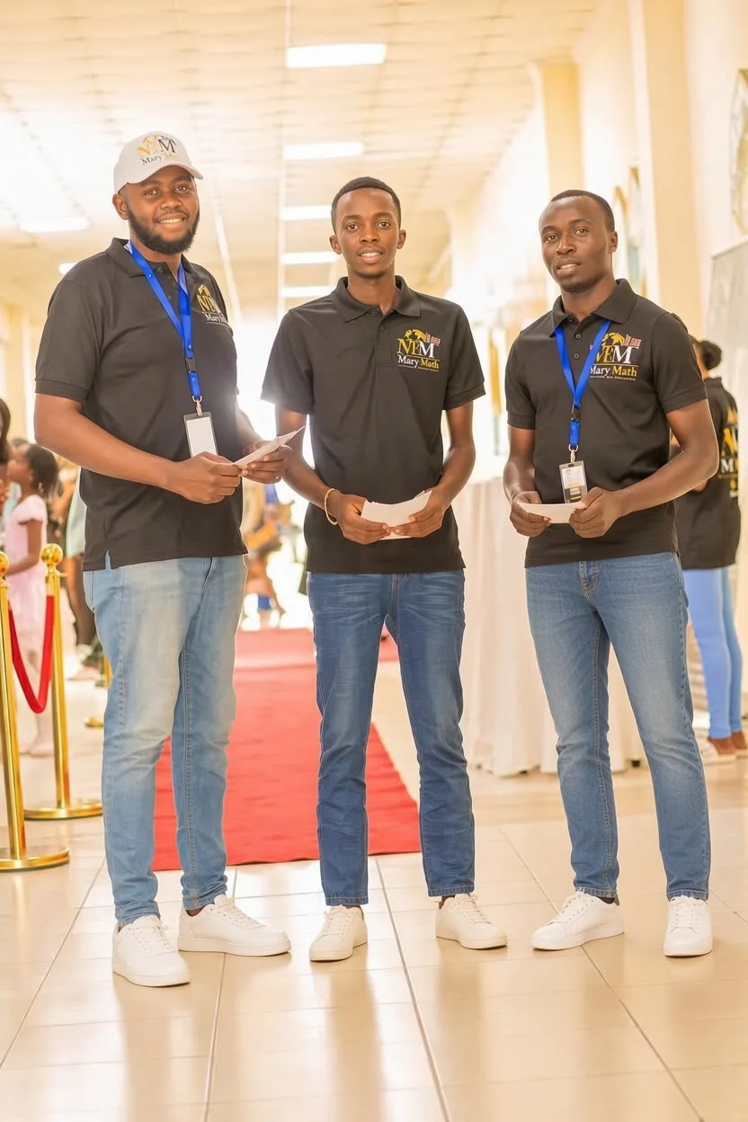 Three Mary Mash ushers holding programmes beside the red carpet