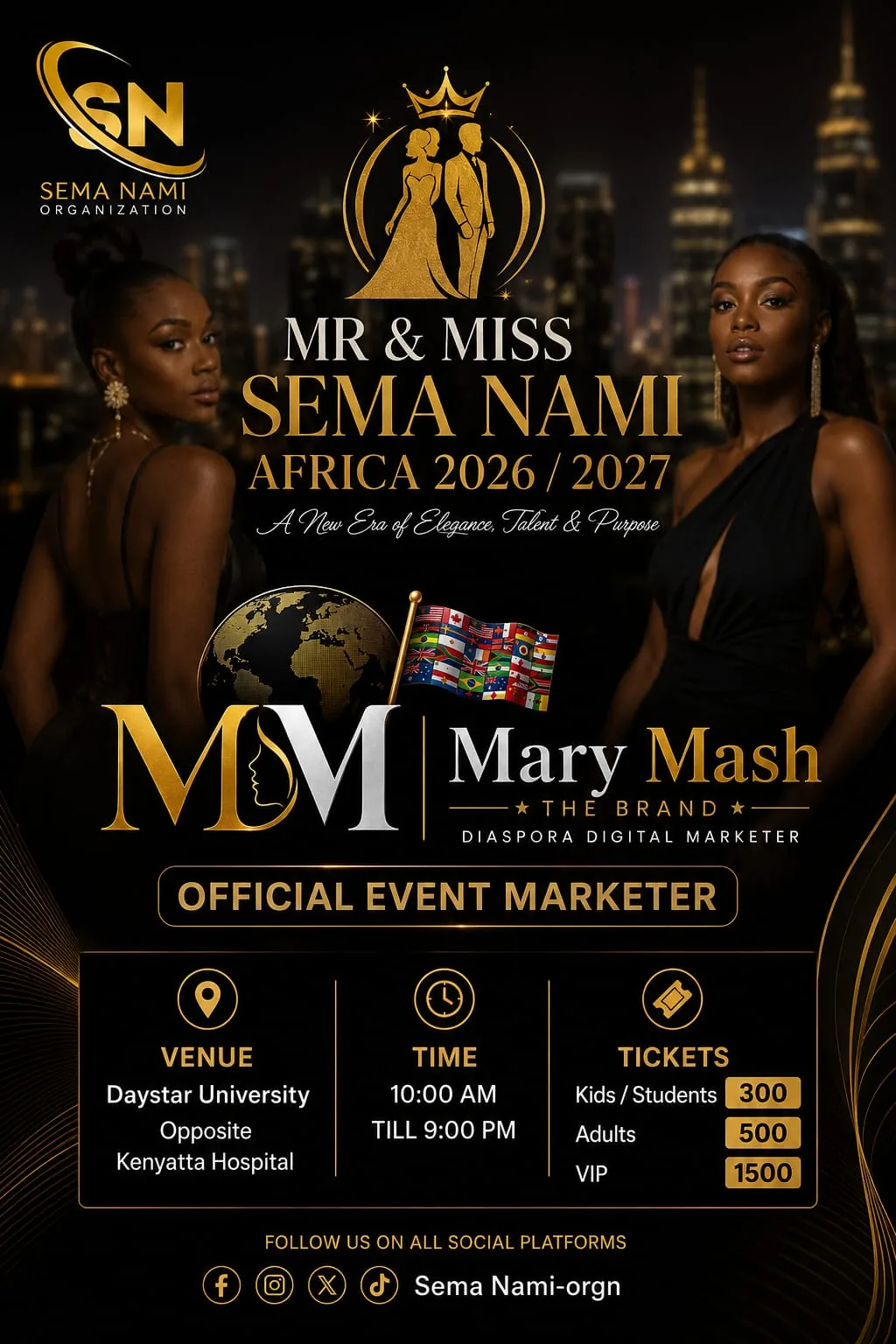 Mr & Miss Sema Nami Africa 2026/2027 flyer — Daystar University Nairobi, 10am–9pm, Mary Mash official event marketer, tickets from KES 300